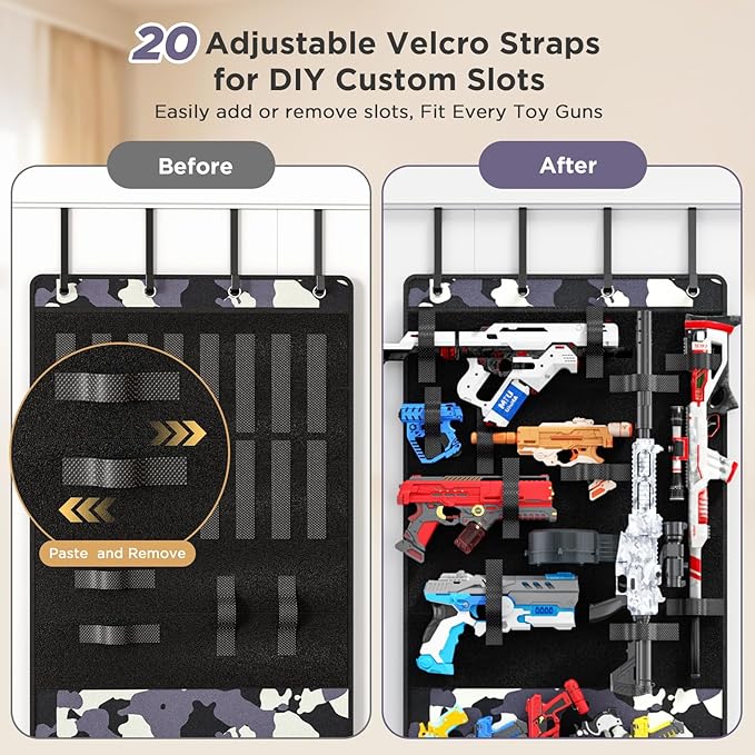 Over the Door Organizer for Toy Guns, Hanging Toy Guns Storage Organizer with Pockets and Slots for Kids Foam Blasters, Darts, Goggles, Toys Storage Door Hanger for Kids Rooms, Game Rooms, Camouflage