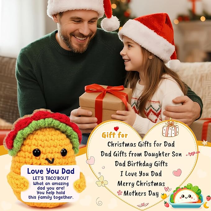 Dad Birthday Gifts from Daughter Son Wife, Best Dad Ever Cool Funny Cute Small Gifts for New Single Step Dads Thank You Daddy Present Valentines Fathers Day Christmas Handmade Crochet Taco Gift