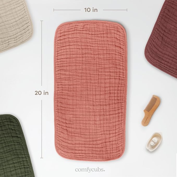 Comfy Cubs Muslin Burp Cloths 20" x 10", Pack of 10 - Large, 6-Layer, Ultra Absorbent 100% Cotton for Baby Drool and Messes - Soft, Safe & Gentle Baby Burp Cloths for Boys & Girls - Dusty Rose