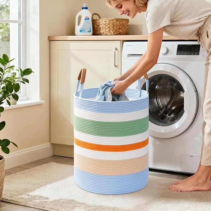 Degeyoyo 60L Striped Laundry Basket, Rainbow Laundry Hamper with Leather Handles, Woven Cotton Rope Storage Bin for Blankets, Nursery Hamper for Clothes, Toys In Bathroom, Livingroom, Bedroom