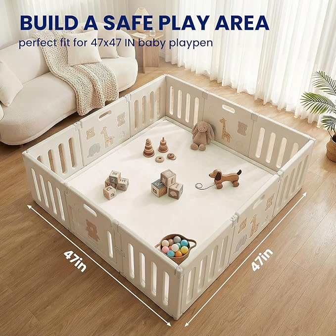 Huloo Sleep Ultra Soft Baby Play Mat for Floor,1.3" Thick Elasti-Foam 47x47 Play Mat for Playpen,Water-Repellent Coral Velvet for Tummy Time, Non-Slip Backing Safe for Toddlers & Infants（Cream）