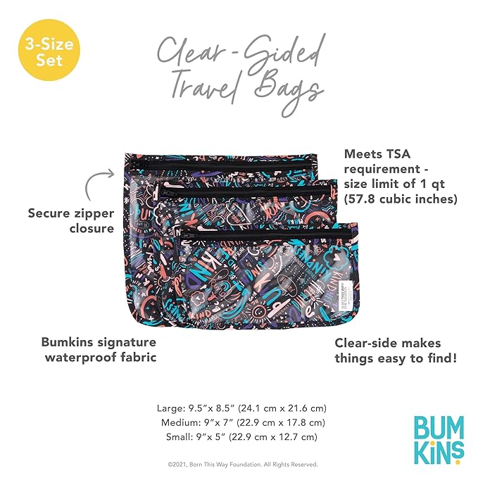 Bumkins Travel Bag, Toiletry, Baby, TSA Approved Pouch, Zip Bag, Quart Size Compliant, Clear-Sided, Diaper Bag Organization, Makeup, Accessories, Set of 3