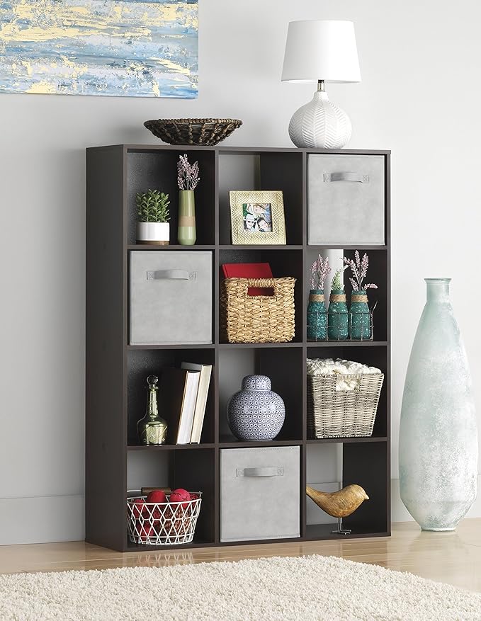 Whitmor 12 Cube Storage Organizer, 4 Tier Stackable Mdf Wood Bookcase, Open Storage Display Bookshelf, Storage Cabinet for Living Room, Bedroom, Home, Office, 35.1"L x 11.7"W x 47.5"H, Espresso