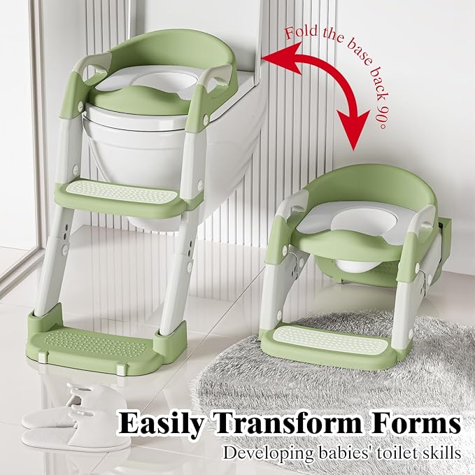 DEEKI 3 in 1 Potty Training Seat with Step Stool Ladder Foldable Anti-slip Toilet Chair Potty Seat for Toddlers Kids Boys Girls(Green)