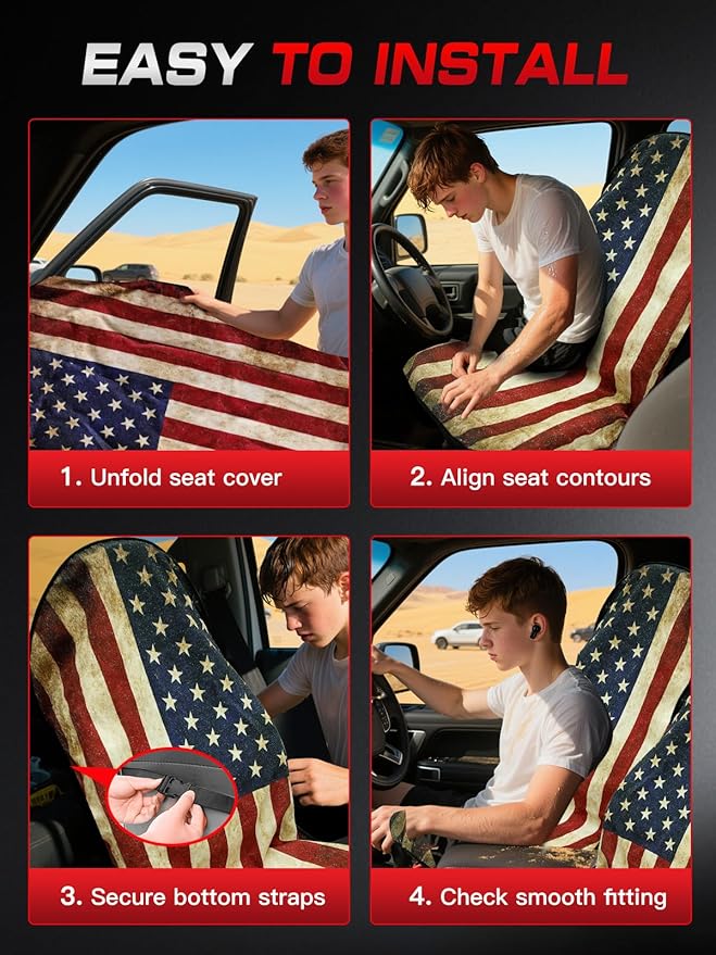 TESFEEL Universal Car Seat Cover Towel, Waterproof Washable Sweat Protection for Front Bucket Seats, Non-Slip Fit, Fits Cars SUVs Trucks, Ideal for Gym, Kids, Pets, (American Flag, 1 Pack)