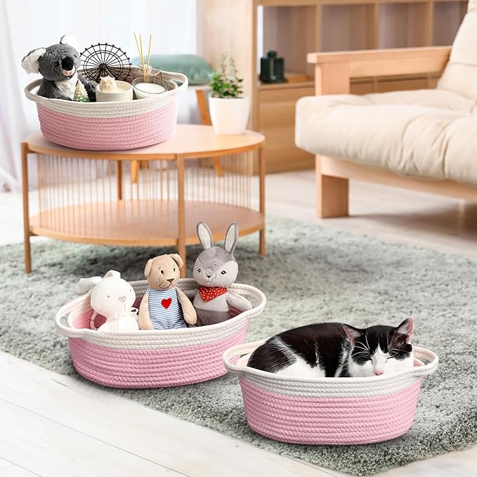 LANDNEOO Small Woven Basket with Gift Bags and Ribbons, Empty Decorative Gift Chest Box, Cute Baby Gift Basket for Nursery, Cotton Rope Room Shelf Storage Basket with Handles, 12"x 8"x 5", Pink