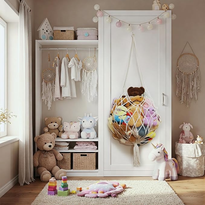 Stuffed Animal Storage Hammock Corner Hanging Net Stuffy Animal Hammock Macrame Toy Display Plush Toy Holder for Kid Bedroom Decor Boho Nursery Playroom Organizer (Cream)