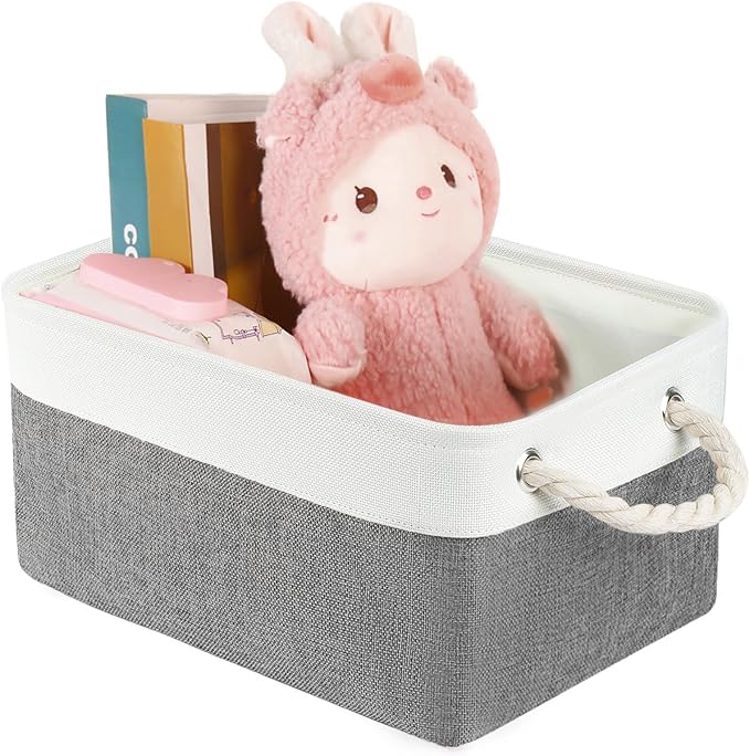 LordCom Storage Bins with Sturdy Cotton Handles(1 Pack), Fabric Storage Baskets for Organizing use for Office & Home, Book, Clothes, Toys, Closet Boxes (Medium, Grey-White, 14.2x10.2x7.1 inches)