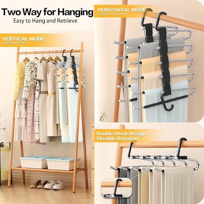 Pants Hangers Space Saving - 4 PCS Closet Organizer and Storage Jean Hangers, Stainless Steel Anti-Slip Clothes Hanger Scarf Holder Pants for Jeans Leggings Trousers Rack for Back to School, Black