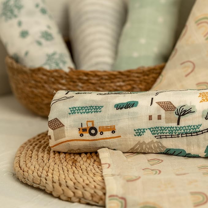 Muslin Swaddle Blankets for Newborn, 4 Pack Cotton Baby Blankets, Large 31.5 x 43.3 inch Breathable Soft Receiving Blanket, Essentials Swaddle Wrap Burping Clothes, Blue Farm Country