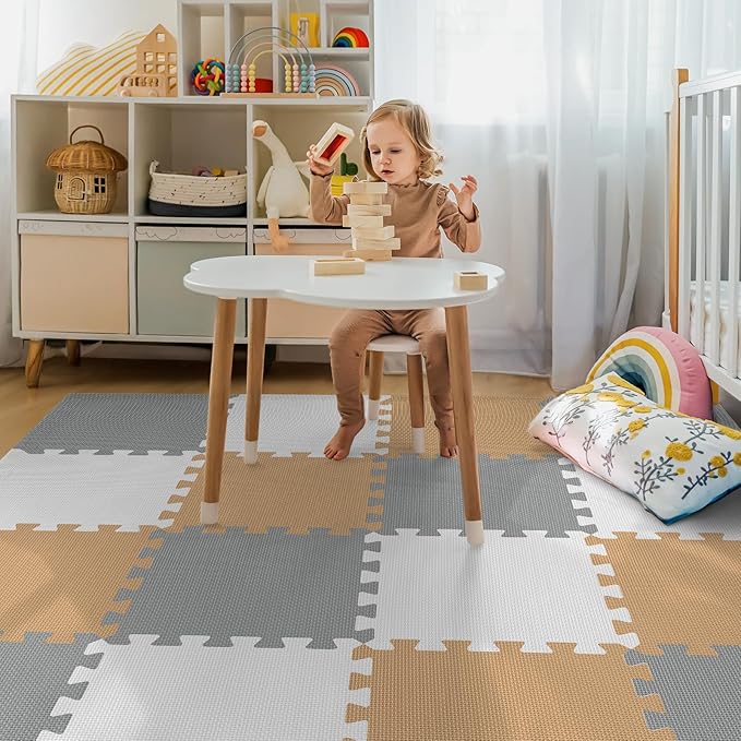 16 Tiles Baby Play Mat for Floor, EVA Foam Baby Floor Play Mat with 0.6 Inch Thick Interlocking Foam Tiles, Foam Floor Tiles for Baby, Toddlers and Kids (Brown-Gray-White, 16PCS)