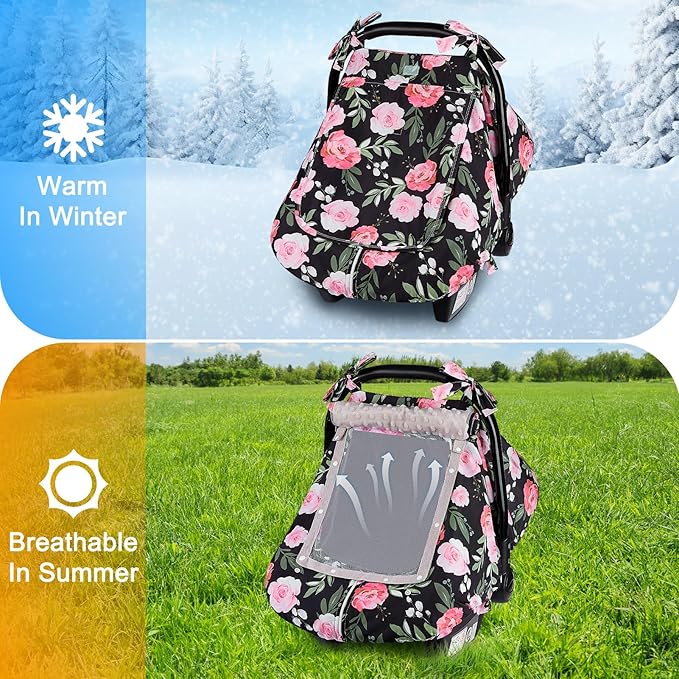 FIOBEE Baby Car Seat Cover, Car Seat Covers for Babies Infant Car Seat Canopy with Breathable Mesh Window Waterproof Carseat Cover for Babies Boy Girl 4 Seasons, Black/Flowers