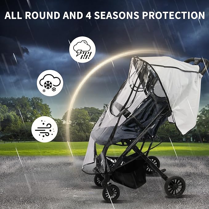 Stroller Rain Cover, Universal Clear Breathable Weather Shield with Waterproof 2-Way Zippers Open, 4 Seasons Protection for Baby from Rain, Wind, Snow (Two Ways Open on Front)