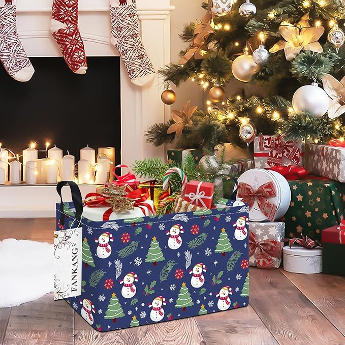 FANKANG Storage Bins,Christmas Nursery Hamper Canvas Laundry Basket Foldable with Waterproof PE Coating Storage Baskets for Boys and Girls, Office, Bedroom,Toys(Rec-Christmas snowman ）