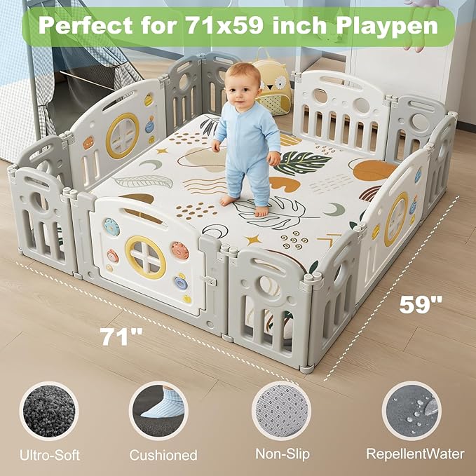 1.3" Thick Baby Play Mat for Floor, Elasti-Foam 71x59 Playpen Mat, Water Repellent Ultra Soft Coral Velvet Tummy Time Crawling Mats for Kid Toddlers Infants, Non-Slip Backing Safe for Earth Tones