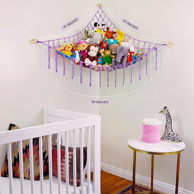 ABBY BABY Large Stuffed Animal Hammock Corner - Stuffed Animal Storage - 100% Natural Cotton Macrame Stuffed Animal Net - Stuff Animal Organizer - Net For Stuffed Animals Corner Large - Purple