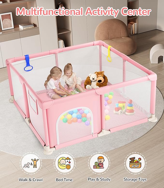 Dripex Baby Playpen, 52×52 Inch Small Playpen for Babies, Enhanced Safety Baby Play Yard for Indoor & Outdoor, Infant Play Pen with Soft Breathable Visible Mesh, Anti-Fall Design & Easy Setup, Pink