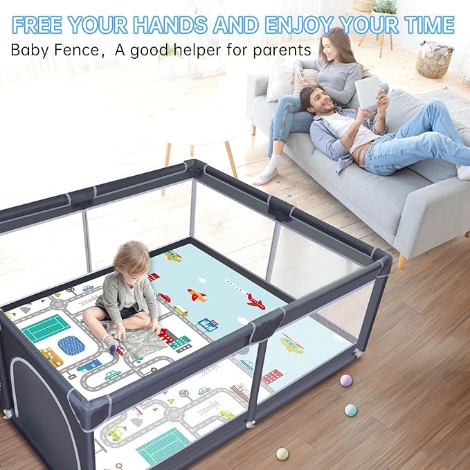 Baby Playpen with mat, Play Pen Playards, Playpen for Babies and Toddlers Play Pin Indoor Active Center Game Fence, 50x50 Inch, Grey