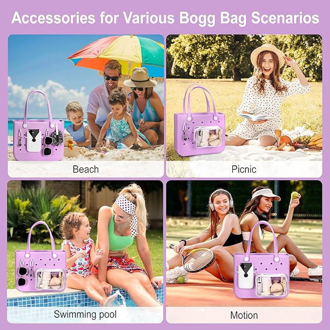 6PCS Compatible with Original Medium and Large Bogg Bag,Phone Holder for Inside and Outside of Bogg Bag Accessories,PVC Insert Bags,Hooks,and Keychain(White)