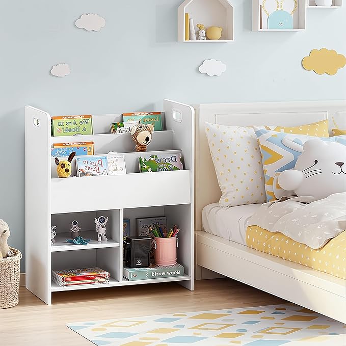 VECELO Kids Bookshelf with Toy Storage - Wooden Nursery Organizer for Books & Toys, Easy Assembly Playroom Shelf (White)