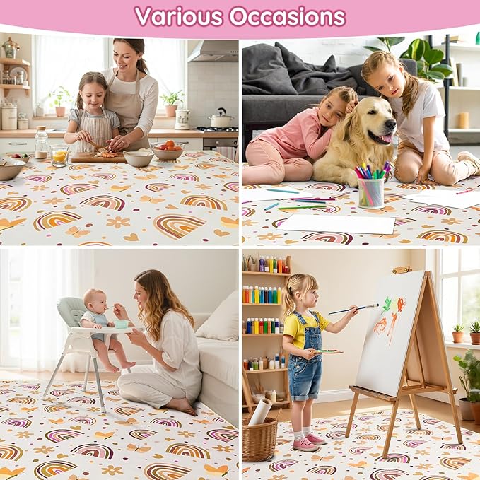 Basumee Splat Mat High Chair Food Catcher - Waterproof, Non Slip, Brown Rainbow, 51x51 Inches