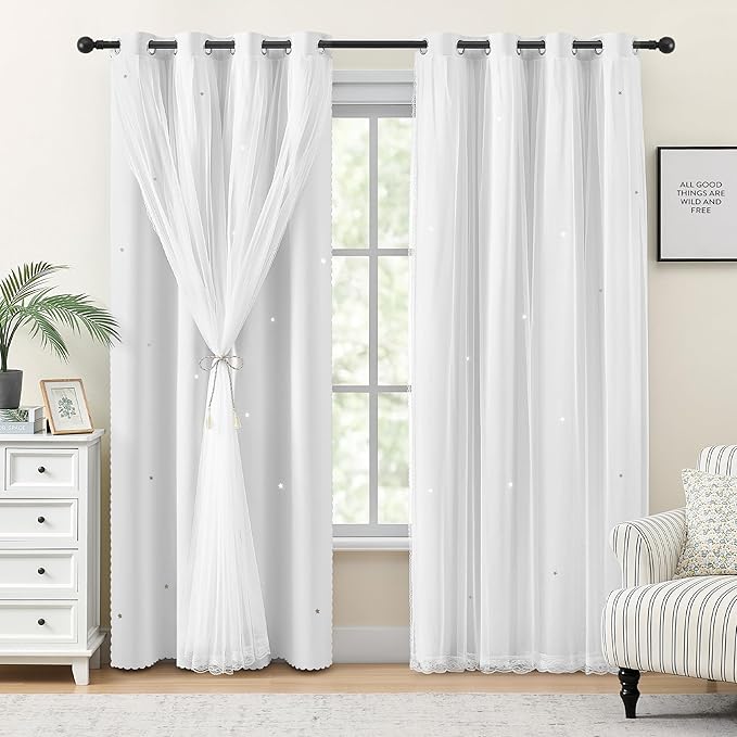 XiDi White Curtains for Girls Bedroom 84 Inches Long Blackout Nursery Curtains Double Layer with Sheer Overlay for Kids Toddler Princess Room Grommet Privacy Room Darkening Window Drapes 34 x 84 Inch