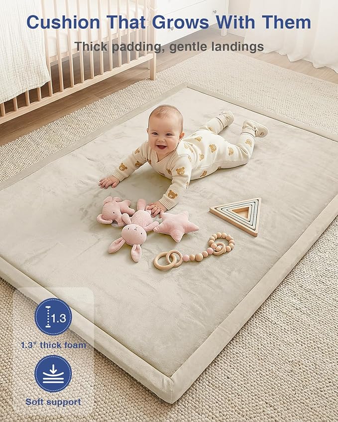 Thick Foam Baby Play Mat for Floor,50x50x1.3" Playpen Mat,Soft Padded Tummy Time Cushion Mats,Non-Slip Nursery Rug for Toddler Kids Playroom(Beige)
