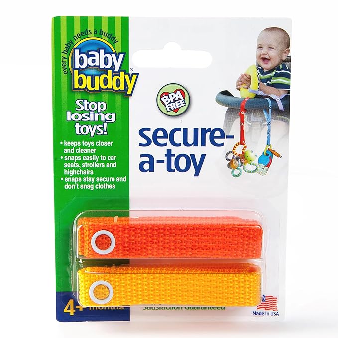 Baby Buddy Secure-A-Toy, Safety Strap Secures Toys, Teether, or Pacifiers to Strollers, Highchairs, Car Seats, Adjustable Length to Keep Toys Sanitary Clean, Registry Must Haves, Red-Orange. 2 Count
