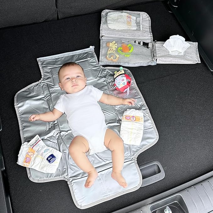 Portable Diaper Changing Pad, Waterproof Travel Baby Changing Mat with Wipes Pocket, Compact Foldable, Gift for Babyshower, Newborn Boys & Girls (Grey)