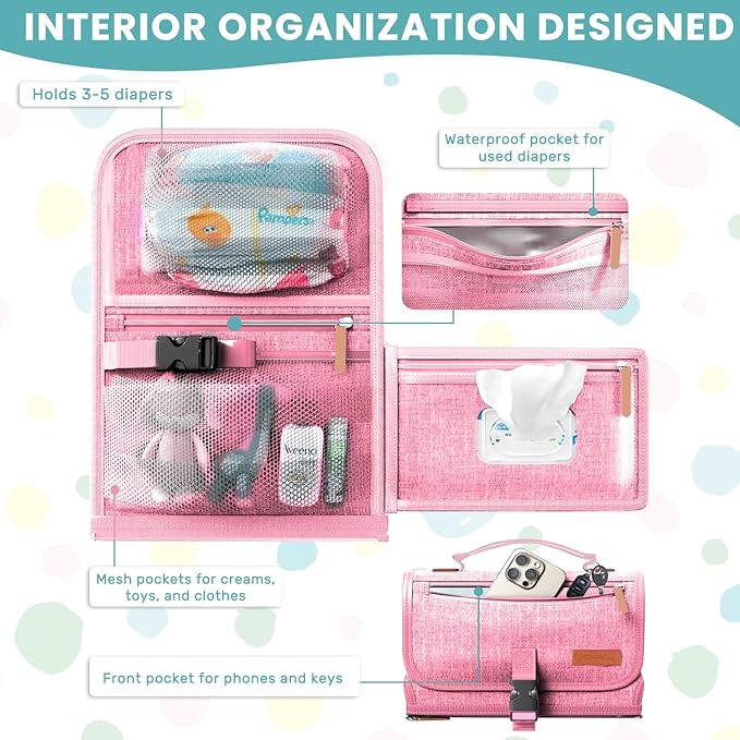 UBRAVOO Portable Diaper Changing Pad - Baby Diaper Changer Travel Bag with Wipes Pocket, Smart Design Portable Changing Mat, Infant Travel Station Kit, Gift for Newborn Girl & Boy (Pink)