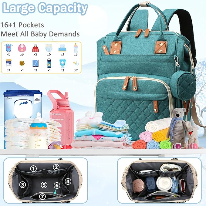 SHITIESHOU Diaper Bag Backpack Baby Bag, Baby Girl Boy Diaper Bag for Dad Mom with Pad, 16 Pockets, Pacifier Case, Large Diaper Bags Unisex for Travel (Green)