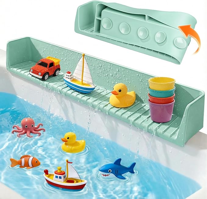 Splash Guard for Bathtub, Silicone Bathtub Splash Guard with Suction Cups, Bath Toys Holder Shelf, Bath Tub Side Tray for Bathroom Storage and Water Spill Prevention, Green