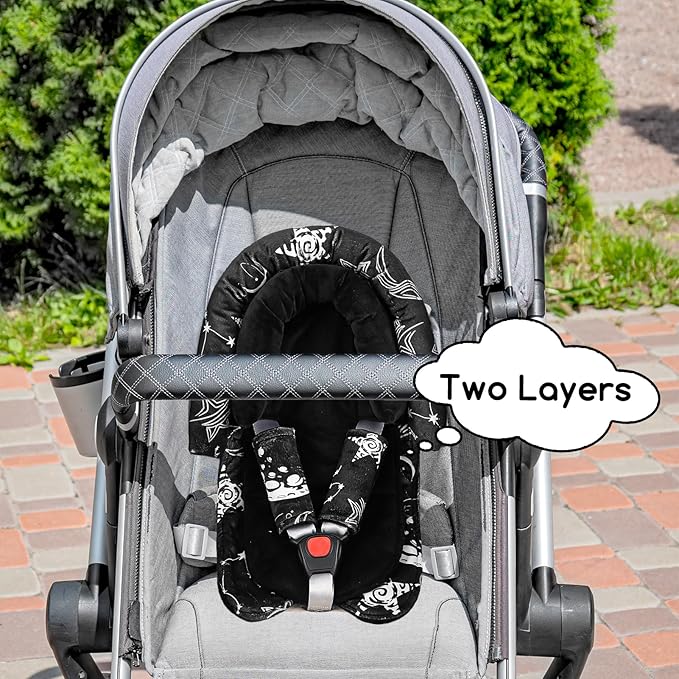 GFU Baby Car Seat Head Support for Newborn, 2 in 1 Infant Car Seat Head Body Support with Strap Pads, Soft Stroller Cushion Pillow Insert for Girls, Fits for Stroller, Swing, Black Star