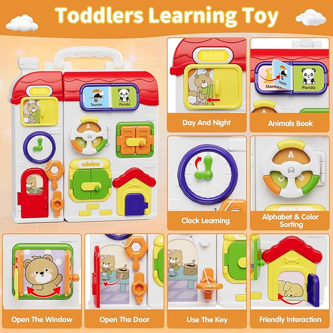 HYES Montessori Busy Board for Toddlers 1-3 2-4，Musical Toy for 12-18 Month Age, Early Educational Learning Birthday for 1 Year Old Boys Girls