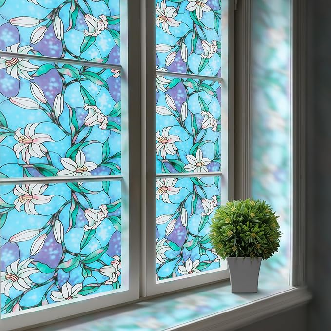 rabbitgoo Stained Glass Window Film, Anti UV Heat Blocking Privacy Film for Glass Window Door Covering, Static Cling Removable Decorative Privacy Sticker for Bathroom, Blue Lily, 17.5 x 118.1 Inches