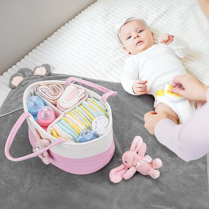 JMBNH Baby Diaper Caddy- With Removable Dividers, Nursery Storage Bin and Car Organizer,Boy & Girl Shower Gift Basket,Portable Organizer,Nursery Essentials-Pink Rabbit