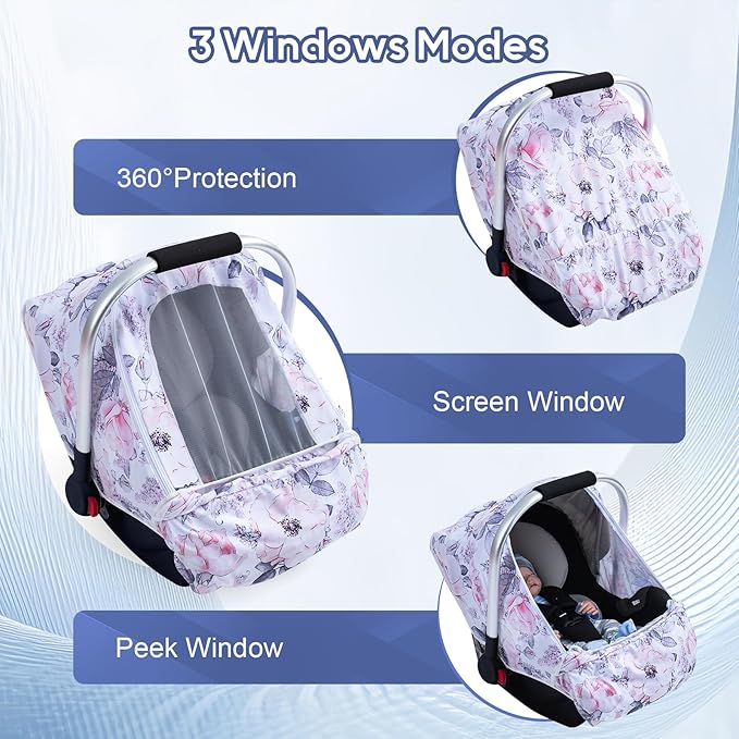 Car Seat Cover Baby, Infant Car Seat Cover with Mesh Window, Stretch Carseat Cover for Girls Boys, Soft Breathable Baby Carrier Cover for Stroller, Summer Carseat Canopy Sunshade Cover