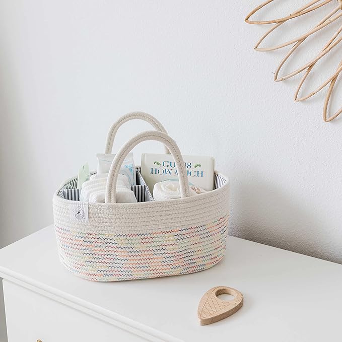 OrganiHaus Nursery Storage Basket, Cotton Rope Toy & Diaper Caddy Organizer with Handles, Baby Diaper Organizer, Foldable Design, Machine Washable, Ideal for Baby Room & Laundry - Stitches Rainbow