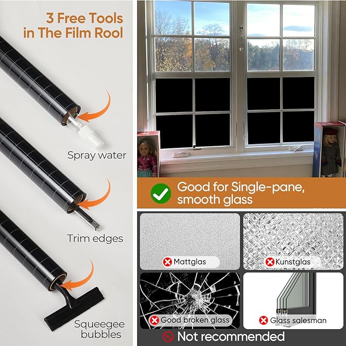 SUNBABY Blackout Window Film, 100% Light Blocking for Daytime Sleep, Total Privacy & UV Sun Blocking, Static Cling No Glue Cover for Bedroom, Nursery, Home Theater, 17.5 x 118.1 Inch with 3 Tools