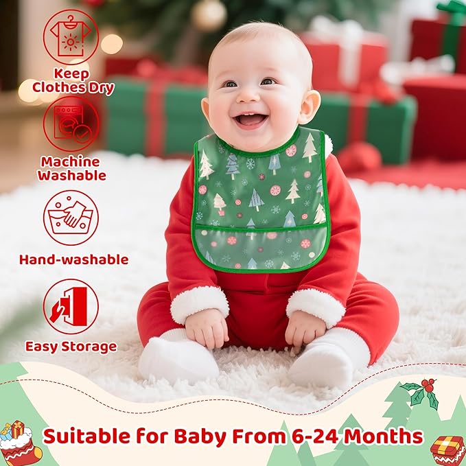 2ooya Christmas Baby Feeding Bib - 6Pcs Toddler Waterproof Food Bibs with Crumb Catcher Pocket Xmas Infant Adjustable Sleeveless Baby Bib First Christmas Gift for Eating Teething Drooling, 6-24 Months