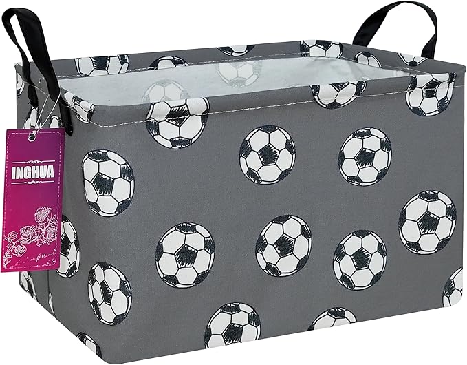 INGHUA Rectangular Storage Basket Fabric Organizer Bin for Toys,Books,Clothes,Gifts,Pets-Perfect for Home,Office,Nursery,Dorm,Shelf(Rec-grey football )