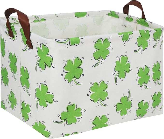 HKEC Rectangle Cute Storage Basket with Handles,Collapsible Toys Bin for Playroom Bedroom,Room Decor,Gift Basket(Clover)