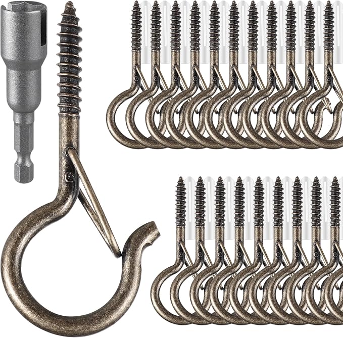 FSAH 24 PCS Q-Hanger Hooks, Screw Hooks for Outdoor String Lights, Safety Buckle Design Cup Eye Hook for Hanging Christmas Lights, Plants, Mounted on Wall Ceiling, Include 1 Wing Nut Driver, Copper