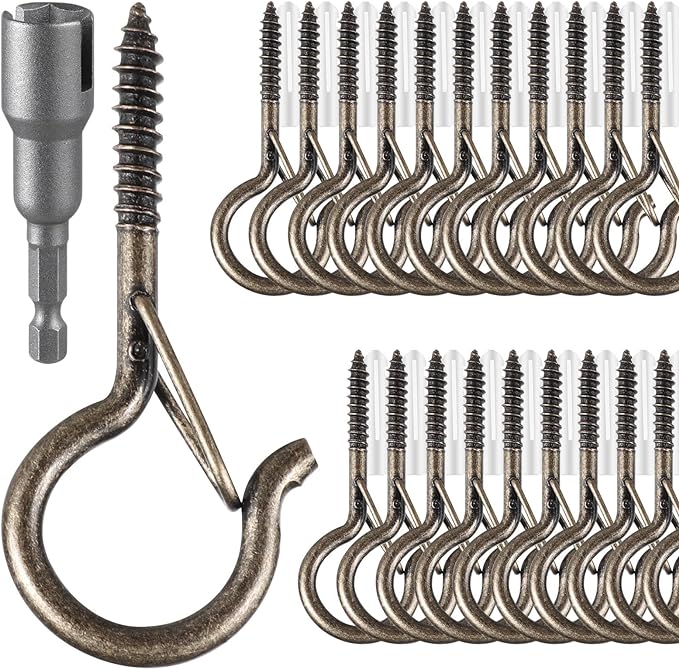 FSAH 48 PCS Q-Hanger Hooks, Screw Hooks for Outdoor String Lights, Safety Buckle Design Cup Eye Hook for Hanging Christmas Lights, Plants, Mounted on Wall Ceiling, Include 1 Wing Nut Driver, Copper