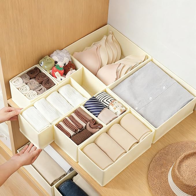 12 Pack Drawer Organizer Clothes Set,Foldable Fabric Closet Dresser Storage Dividers,Closet Organizer and Storage for Nursery,Underwear,Bra,Sock,Tie,Beige