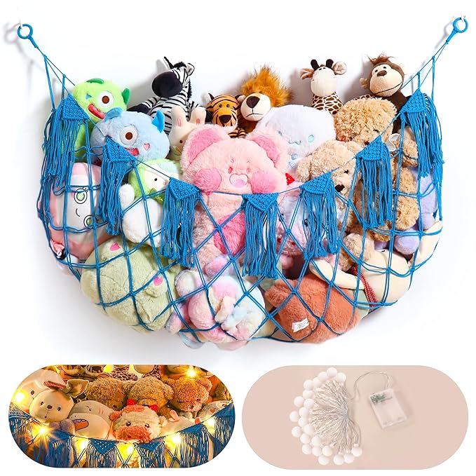 Boho Macrame Stuffed Animal Hammock with LED Lights, Wall Corner Hanging Plushie Net, Large Toy Organizer for Kids Bedroom Nursery Playroom & Dorm (Blue XL)