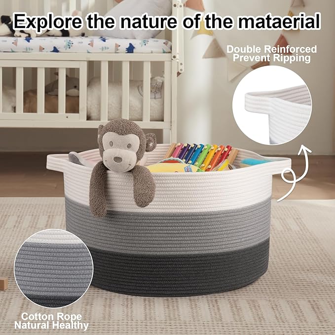 OIAHOMY 90L Blanket Basket for Living Room, Large Basket 23" x 23" x 13" with Handle, Laundry Hamper for Blankets, Pillows, Toy Storage for Kids, Dogs - Gardient Dark Grey