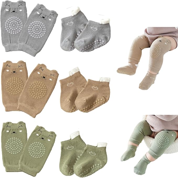 Feidoog Baby Crawling Knee Pads with Anti-Slip Elastic 3 Pairs Knee Pads and 3 Pairs Socks Set,Infant Kneepads for Crawling