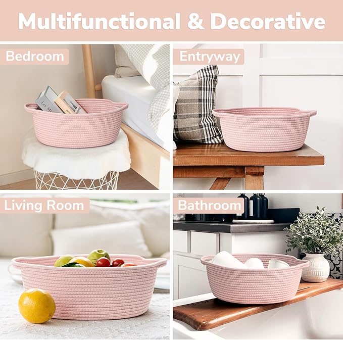 Goodpick Small Woven Basket for Gifting, Small Storage bins for Toys, Baby Gift Baskets for Nursery, Pink Rope Basket for Gifts, Decorative Baskets with Handles, 12" x 8" x 5"