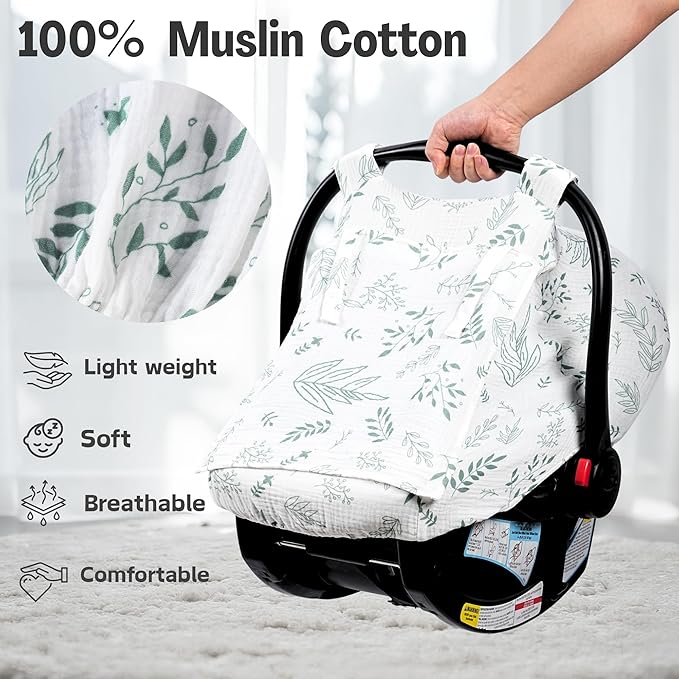 Summer Muslin Car Seat Cover Baby Girls Boys,Infant Carseat Covers with Breathable Window,3 Adjustable Modes, Lightweight Car Seat Sun Shade Cover for Babies,Green Leaf
